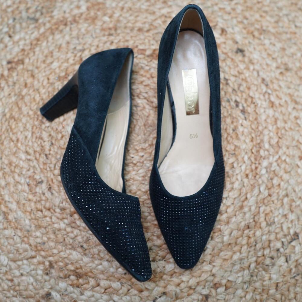 Gabor Black Rhinestone Suede Pumps Size 5.5